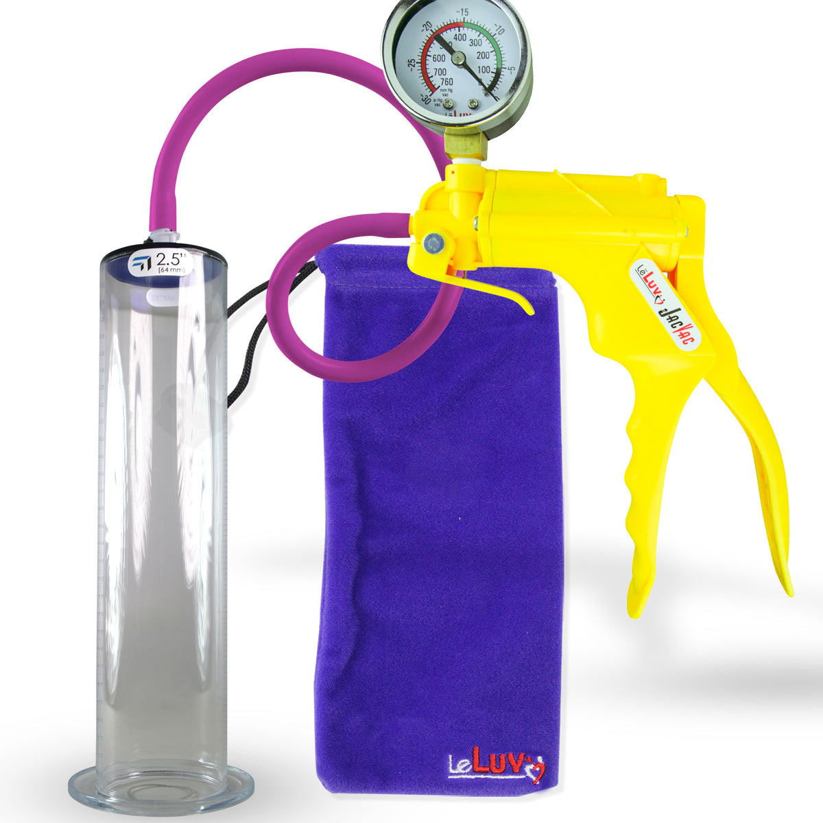 Jacvac Penis Pump | Yellow NPT Handle + Gauge, Silicone Hose | 12" x 2.50" Wide Flange Cylinder