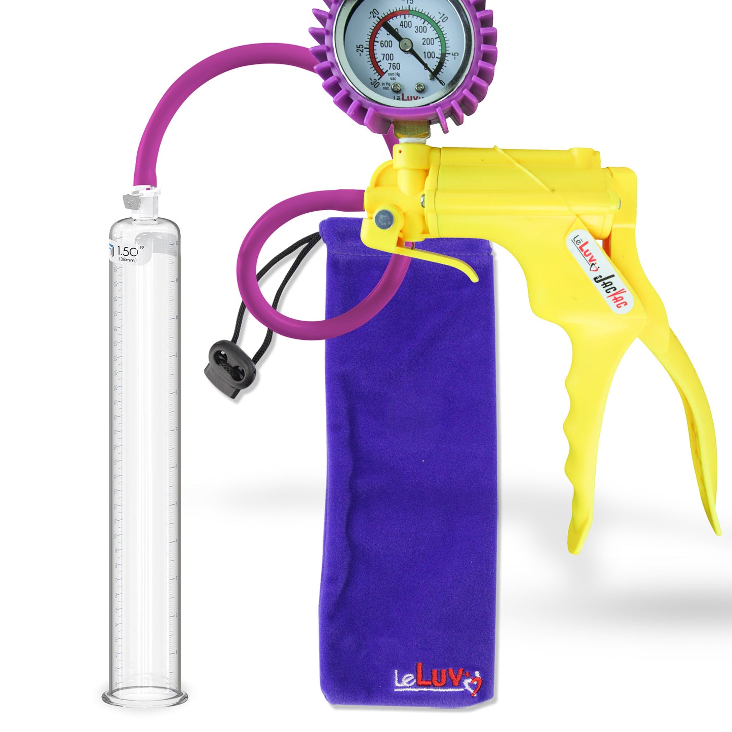 Jacvac Penis Pump | Yellow NPT Handle + Protected Gauge, Silicone Hose | 12" x 1.50" Round Flange Cylinder 