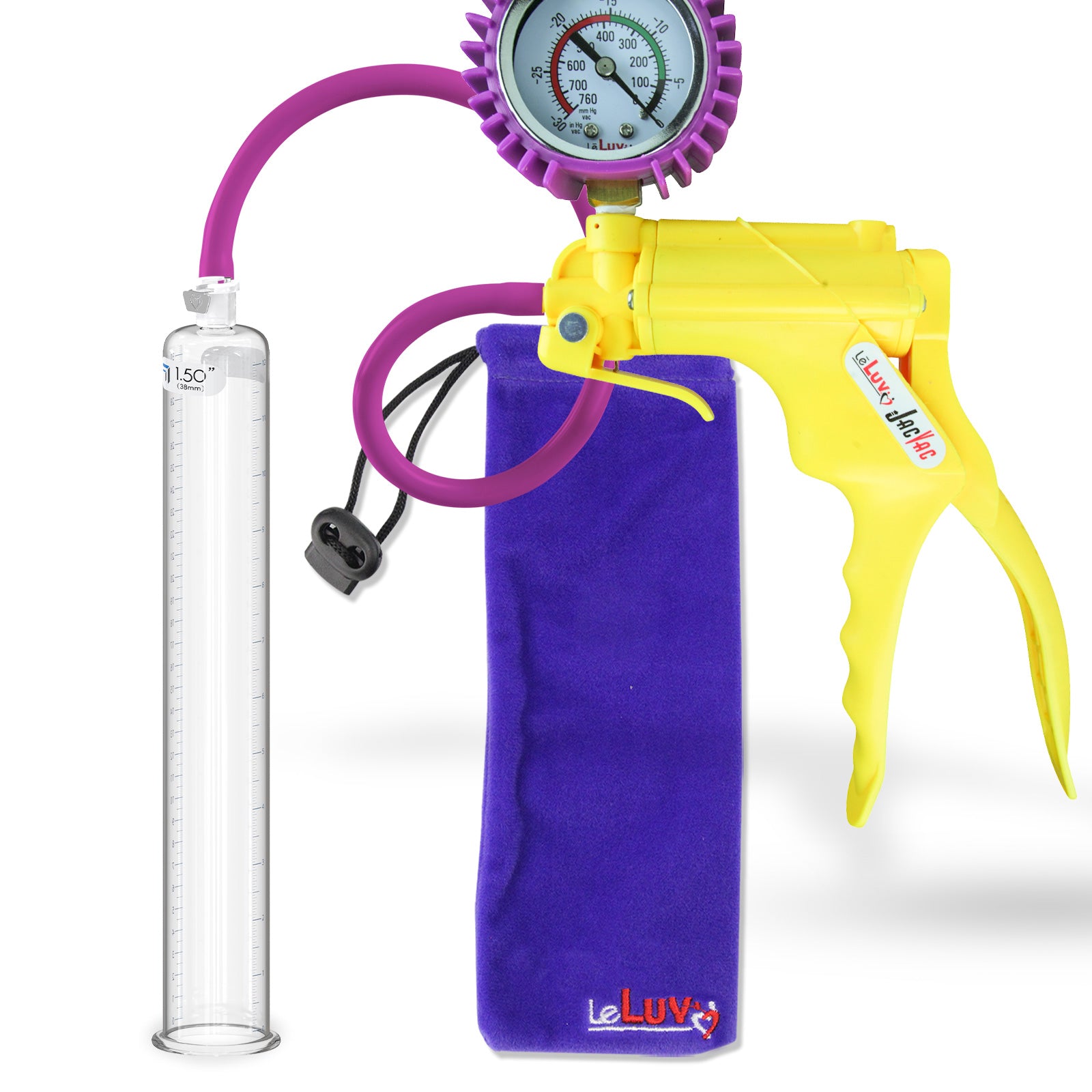 Jacvac Penis Pump | Yellow NPT Handle + Protected Gauge, Silicone Hose | 12" x 1.50" Round Flange Cylinder 
