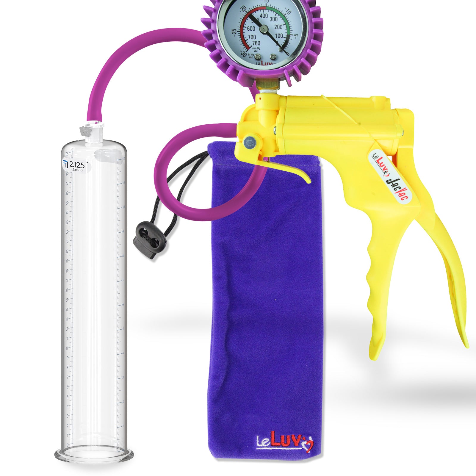 Jacvac Penis Pump | Yellow NPT Handle + Protected Gauge, Silicone Hose | 12" x 2.125" Round Flange Cylinder 