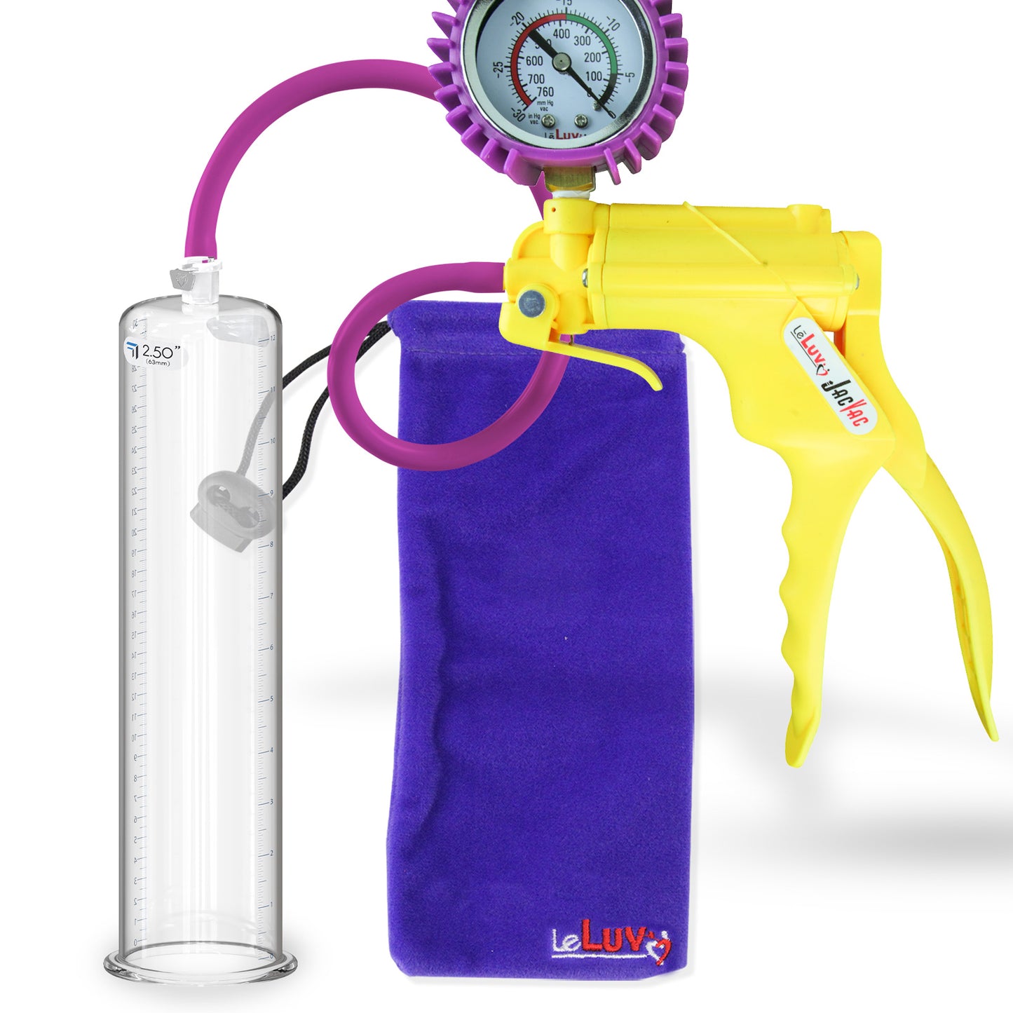 Jacvac Penis Pump | Yellow NPT Handle + Protected Gauge, Silicone Hose | 12" x 2.50" Round Flange Cylinder 