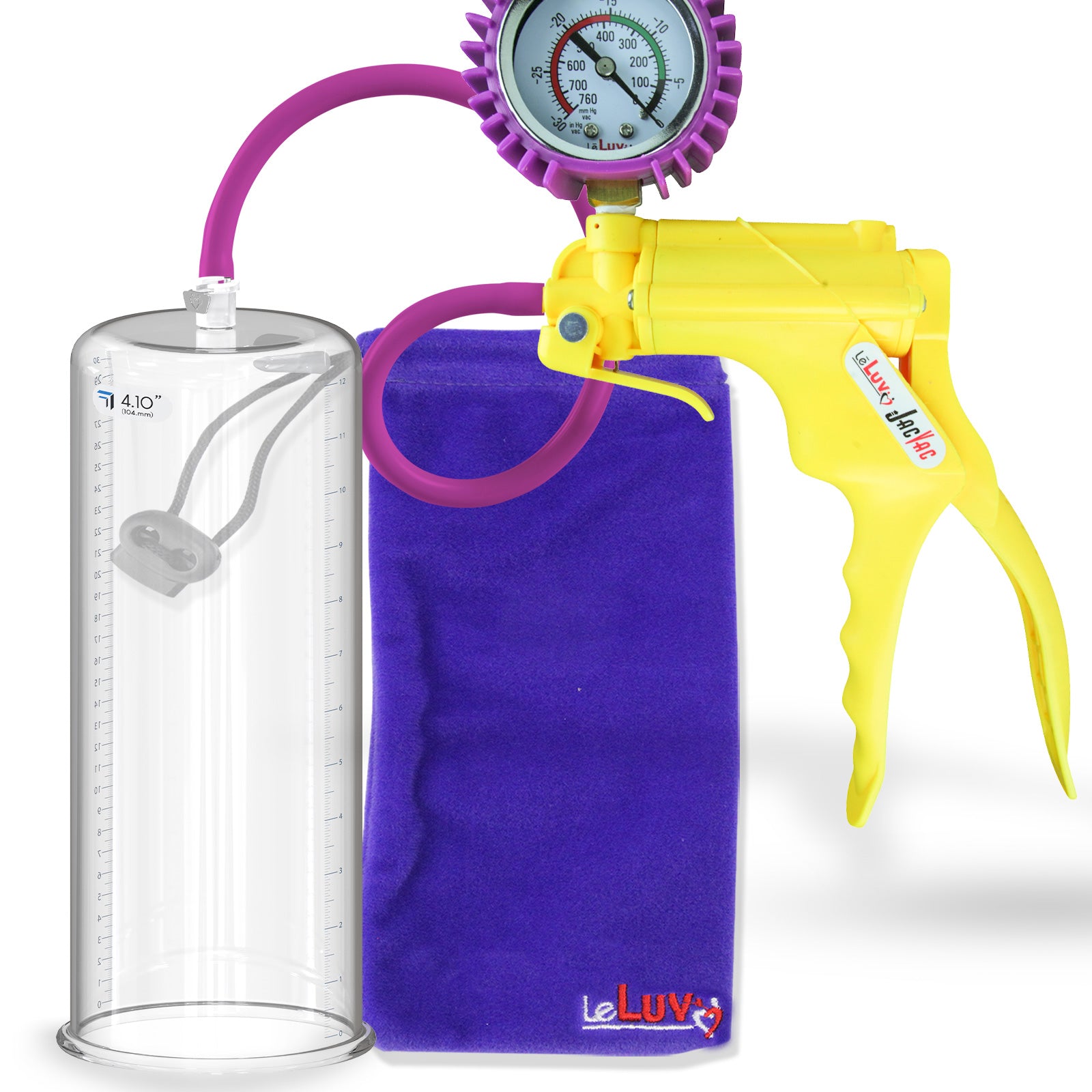 Jacvac Penis Pump | Yellow NPT Handle + Protected Gauge, Silicone Hose | 12" x 4.10" Round Flange Cylinder 