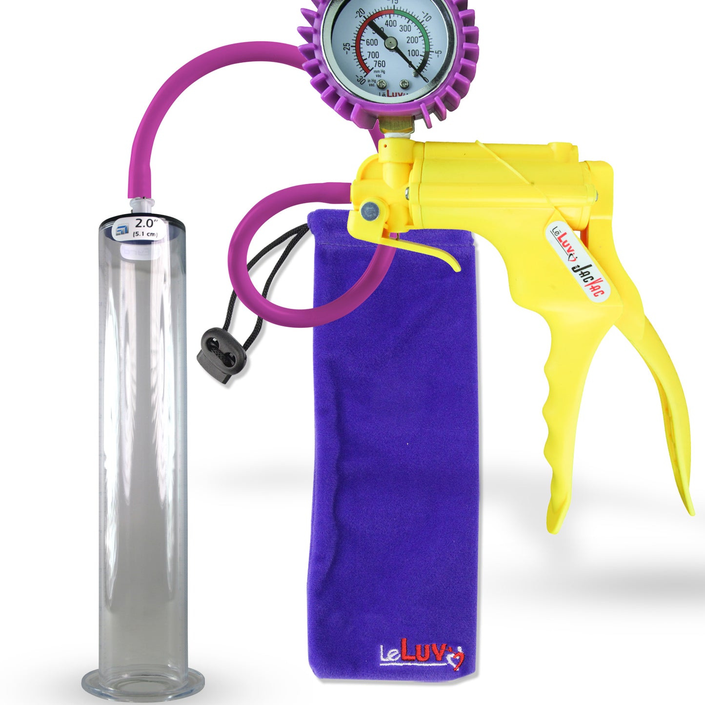 Jacvac Penis Pump | Yellow NPT Handle + Protected Gauge, Silicone Hose | 12" x 2.00" Wide Flange Cylinder