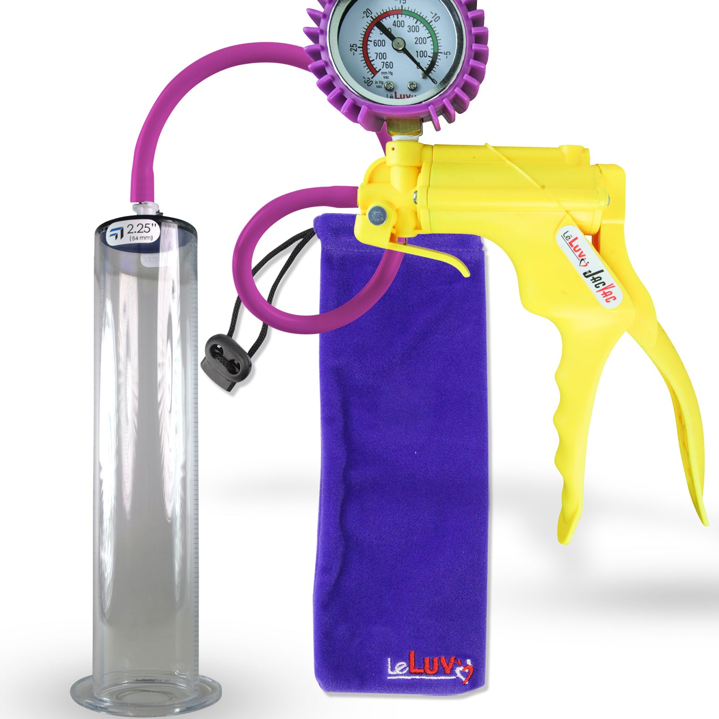 Jacvac Penis Pump | Yellow NPT Handle + Protected Gauge, Silicone Hose | 12" x 2.25" Wide Flange Cylinder