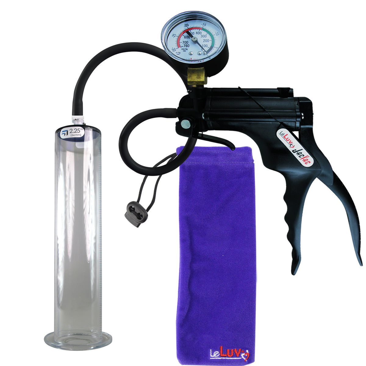 JacVac Penis Pump - Black Swivel Handle + Gauge, Silicone Hose - 12" x 2.25" Wide Flange Cylinder