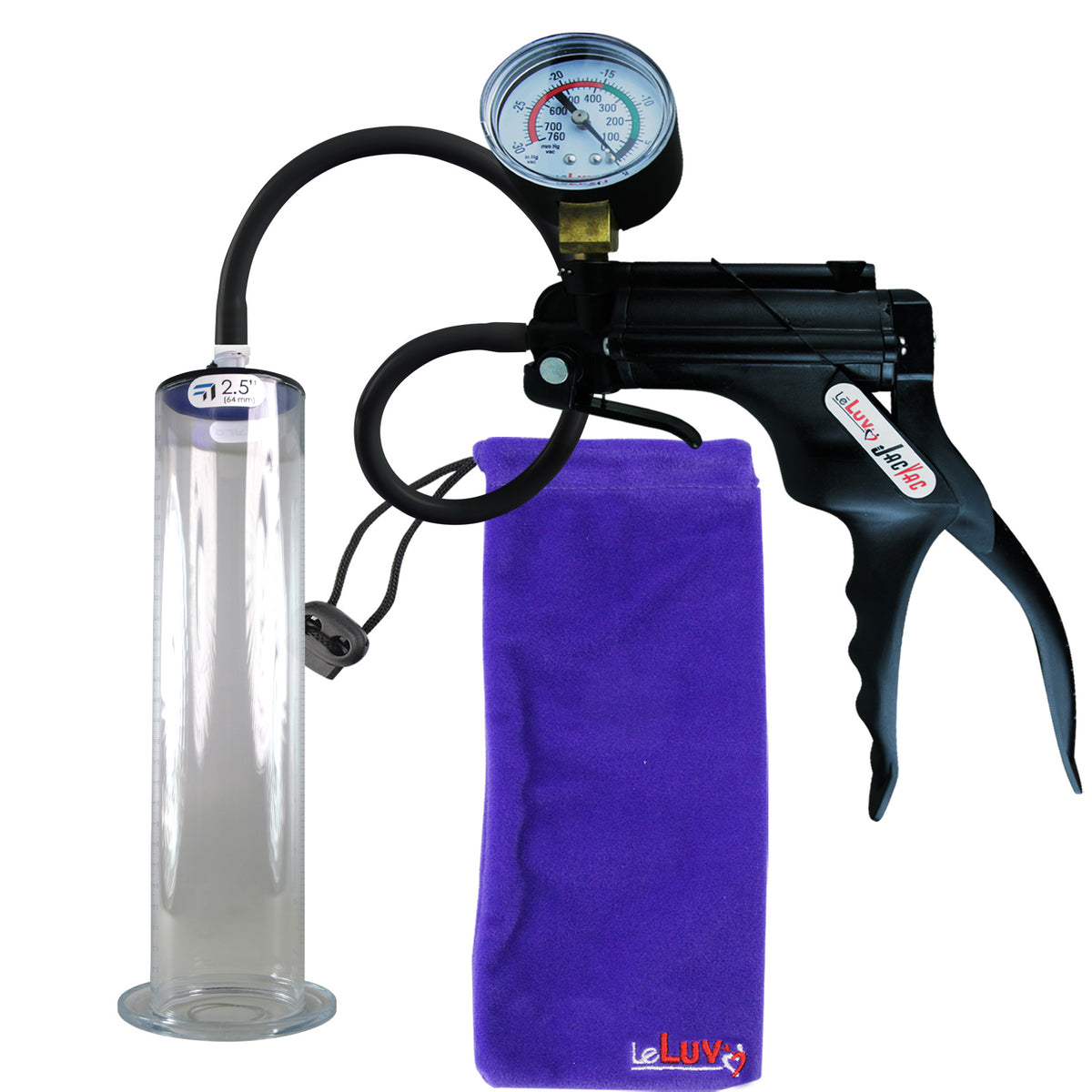 JacVac Penis Pump - Black Swivel Handle + Gauge, Silicone Hose - 12" x 2.50" Wide Flange Cylinder