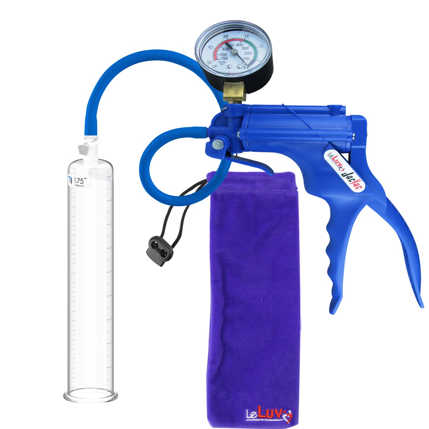 JacVac Penis Pump - Blue Swivel Handle + Gauge, Silicone Hose - 9" x 1.75" Round Flange Cylinder 