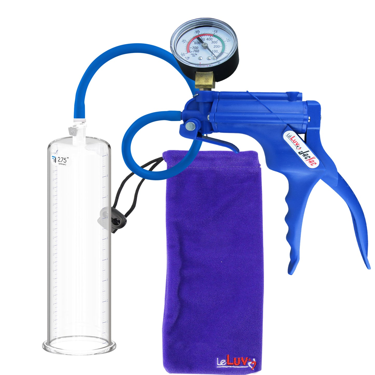 JacVac Penis Pump - Blue Swivel Handle + Gauge, Silicone Hose - 9" x 2.75" Round Flange Cylinder 