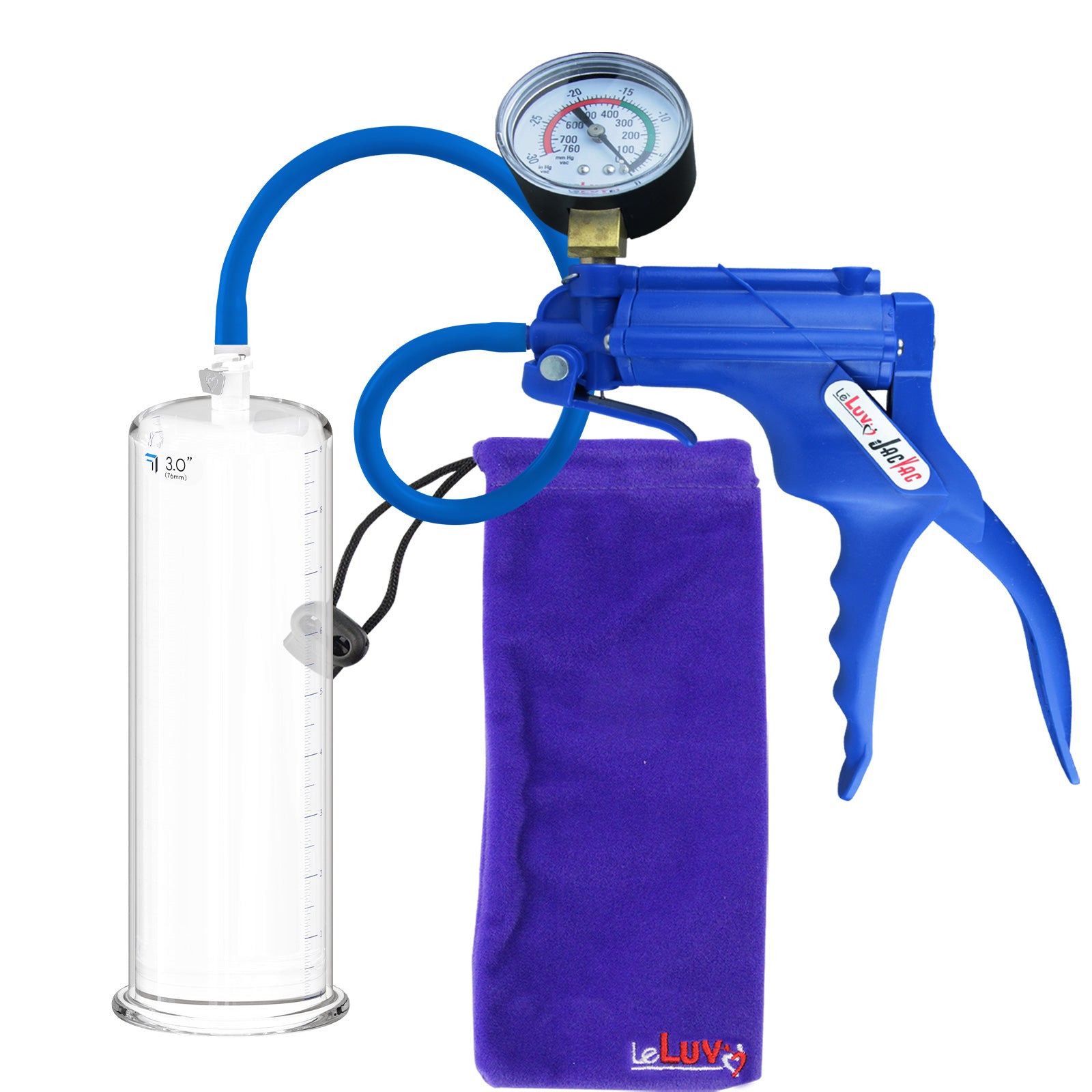 JacVac Penis Pump - Blue Swivel Handle + Gauge, Silicone Hose - 9" x 3.00" Round Flange Cylinder 