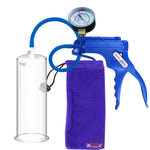 JacVac Penis Pump - Blue Swivel Handle + Gauge, Silicone Hose - 9" x 3.25" Round Flange Cylinder 