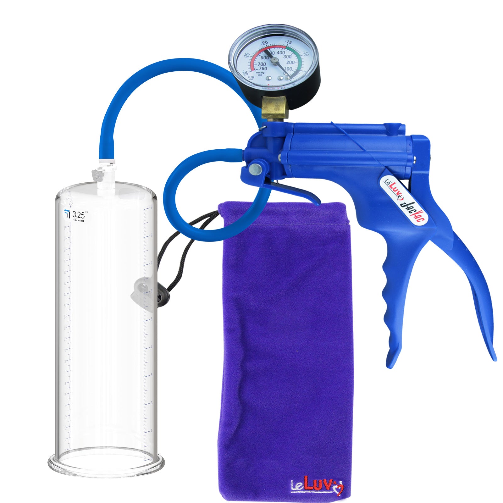 JacVac Penis Pump - Blue Swivel Handle + Gauge, Silicone Hose - 9" x 3.25" Round Flange Cylinder 