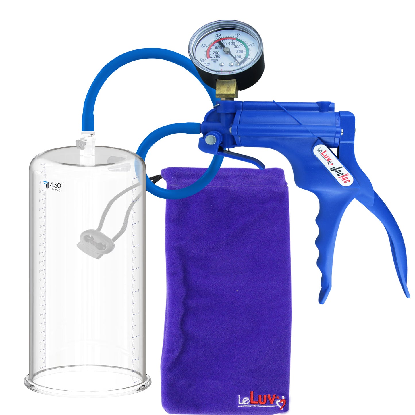 JacVac Penis Pump - Blue Swivel Handle + Gauge, Silicone Hose - 9" x 4.50" Round Flange Cylinder 