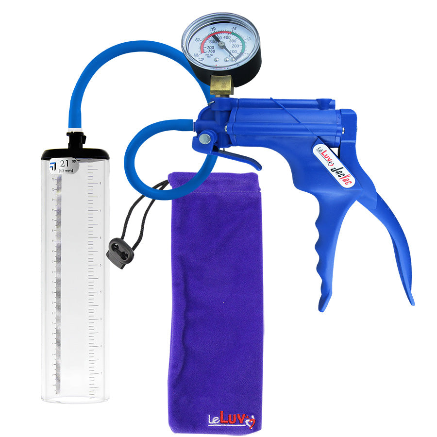 JacVac Penis Pump - Blue Swivel Handle + Gauge, Silicone Hose - 9" x 2.1" Thick-Walled Penis Cylinder
