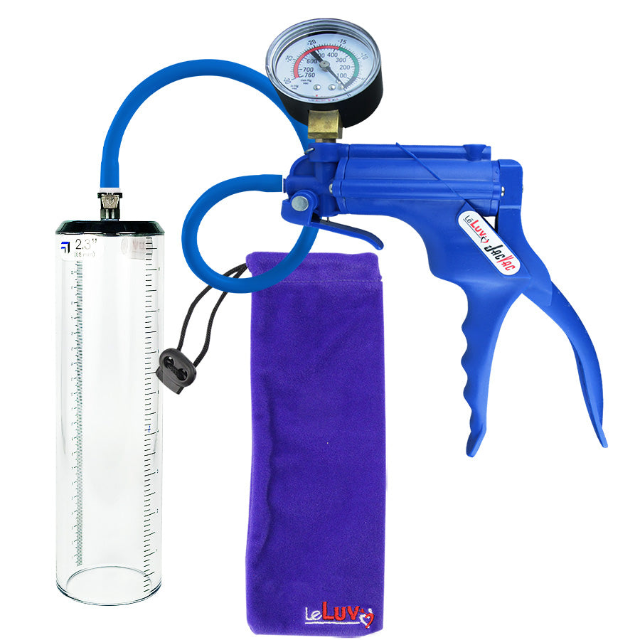 JacVac Penis Pump - Blue Swivel Handle + Gauge, Silicone Hose - 9" x 2.3" Thick-Walled Penis Cylinder