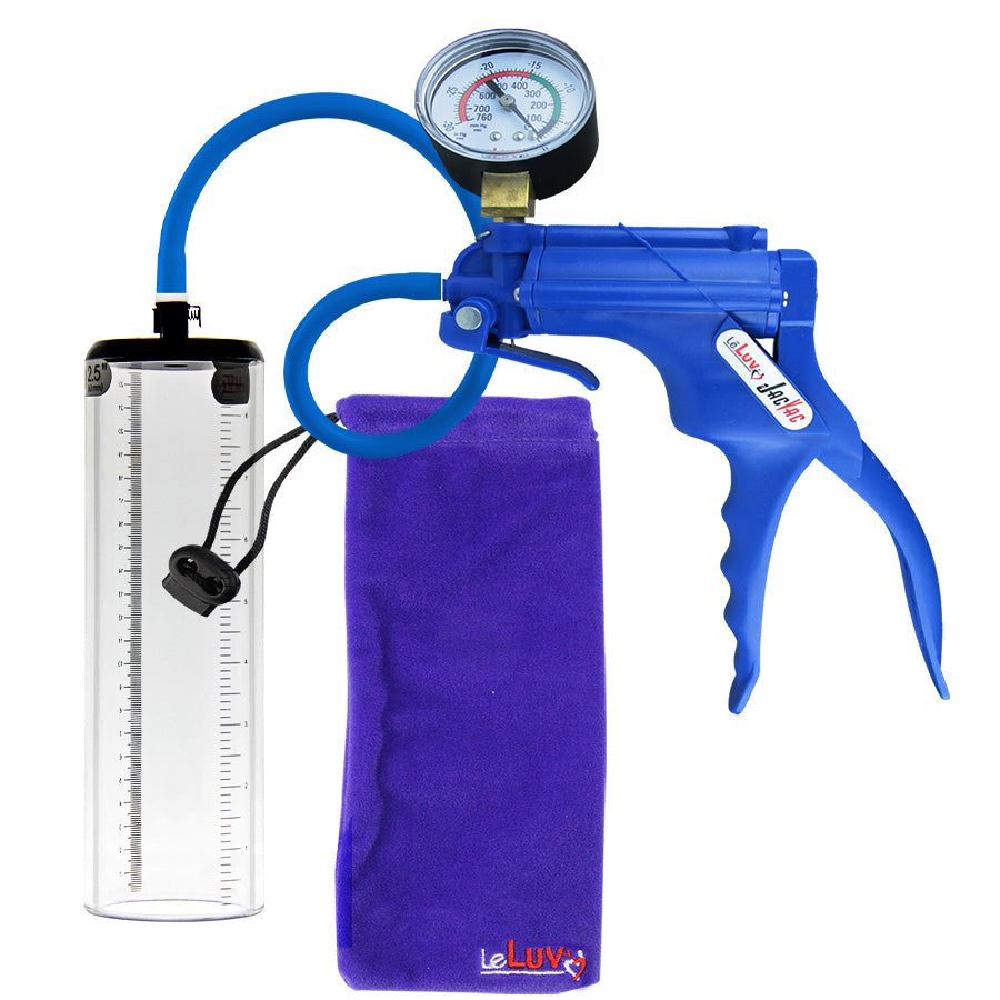 JacVac Penis Pump - Blue Swivel Handle + Gauge, Silicone Hose - 9" x 2.5" Thick-Walled Penis Cylinder