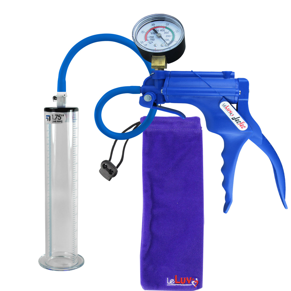 JacVac Penis Pump - Blue Swivel Handle + Gauge, Silicone Hose - 9" x 1.75" Wide Flange Cylinder