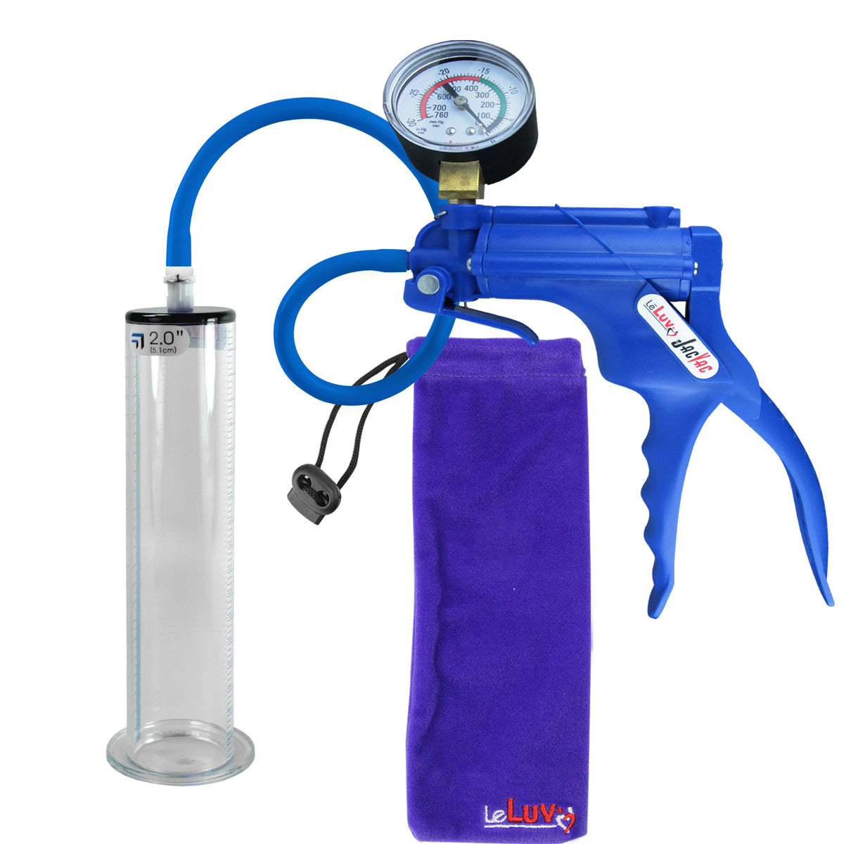 JacVac Penis Pump - Blue Swivel Handle + Gauge, Silicone Hose - 9" x 2.00" Wide Flange Cylinder