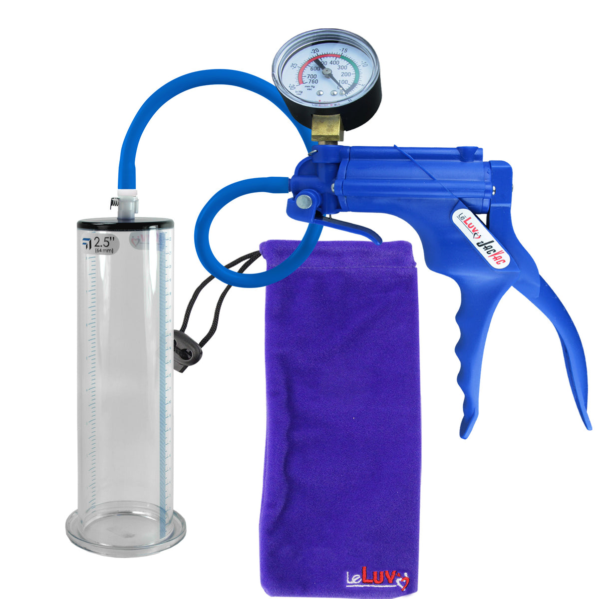 JacVac Penis Pump - Blue Swivel Handle + Gauge, Silicone Hose - 9" x 2.50" Wide Flange Cylinder