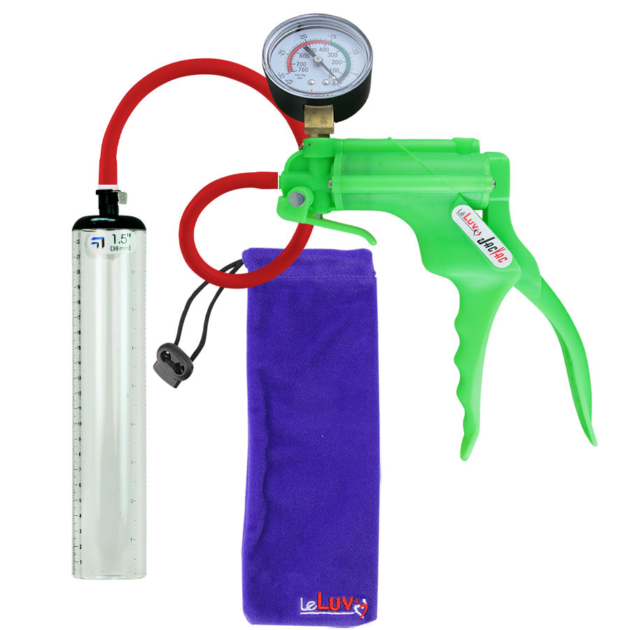 JacVac Penis Pump - Green Swivel Handle + Gauge, Silicone Hose - 9" x 1.5" Thick-Walled Penis Cylinder