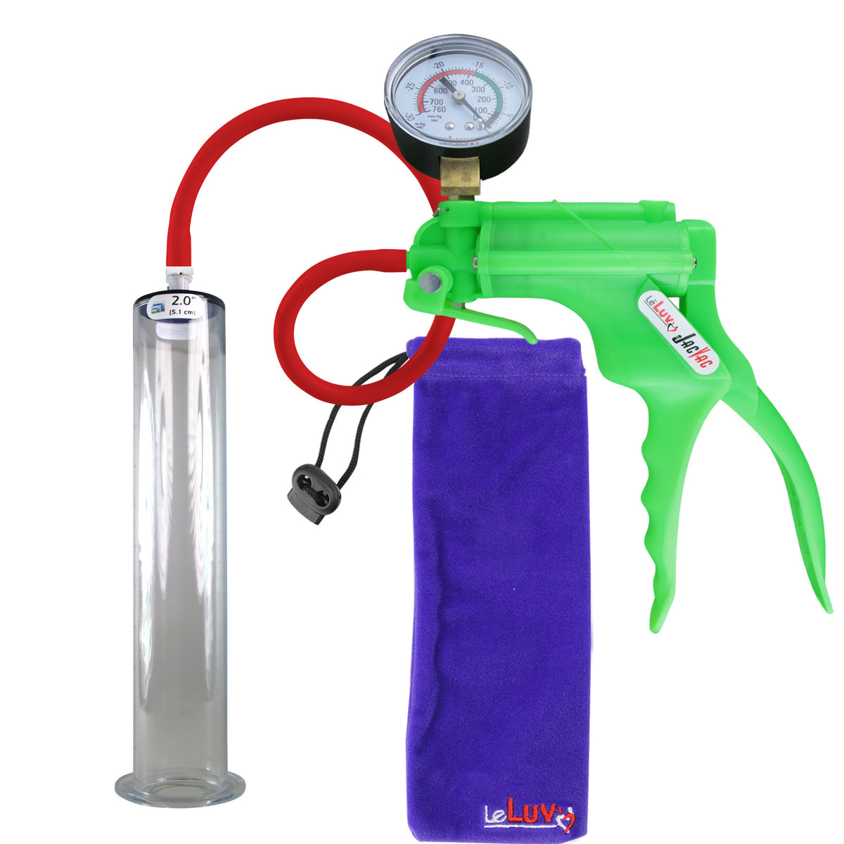 JacVac Penis Pump - Green Swivel Handle + Gauge, Silicone Hose - 12" x 2.00" Wide Flange Cylinder