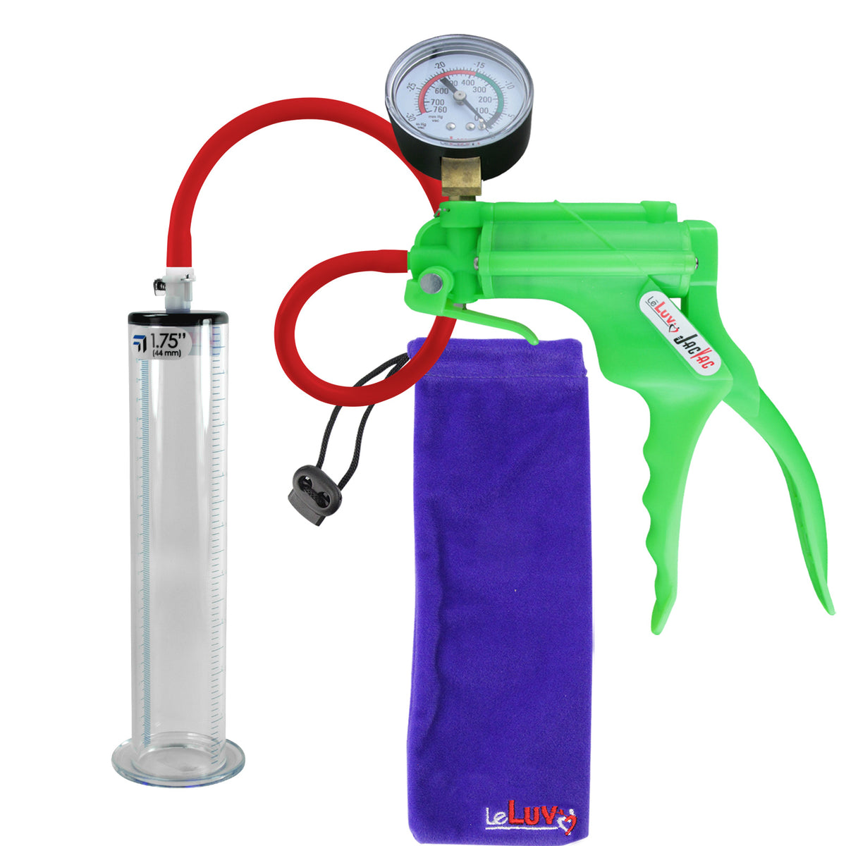 JacVac Penis Pump - Green Swivel Handle + Gauge, Silicone Hose - 9" x 1.75" Wide Flange Cylinder