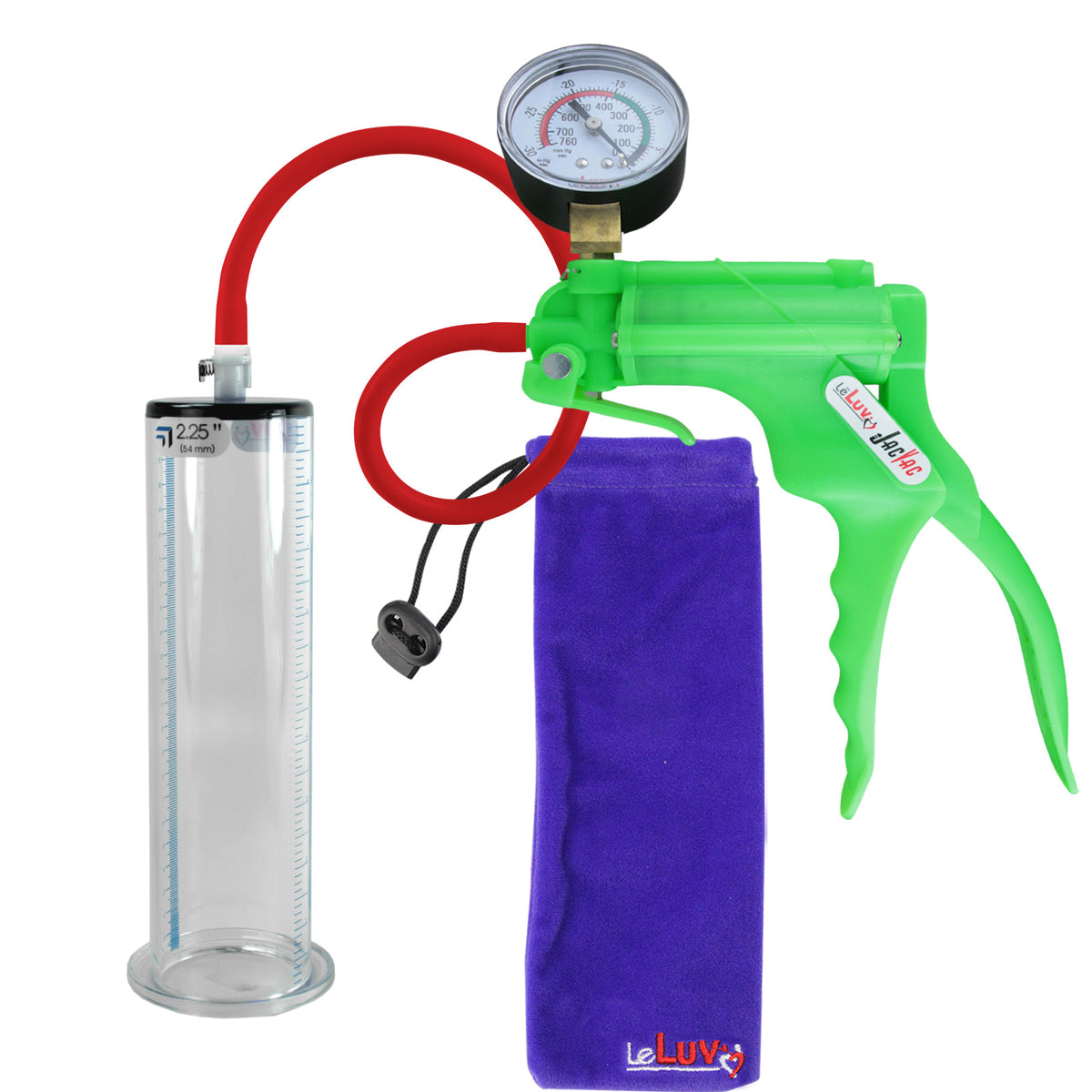 JacVac Penis Pump - Green Swivel Handle + Gauge, Silicone Hose - 9" x 2.25" Wide Flange Cylinder