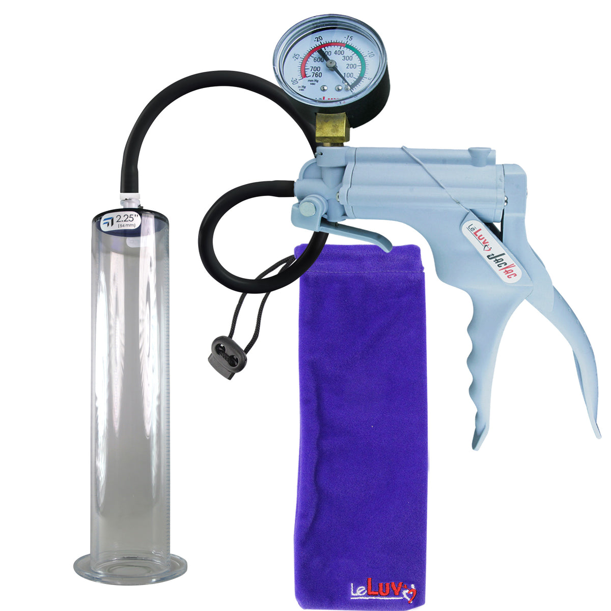 JacVac Penis Pump - Grey Swivel Handle + Gauge, Silicone Hose - 12" x 2.25" Wide Flange Cylinder