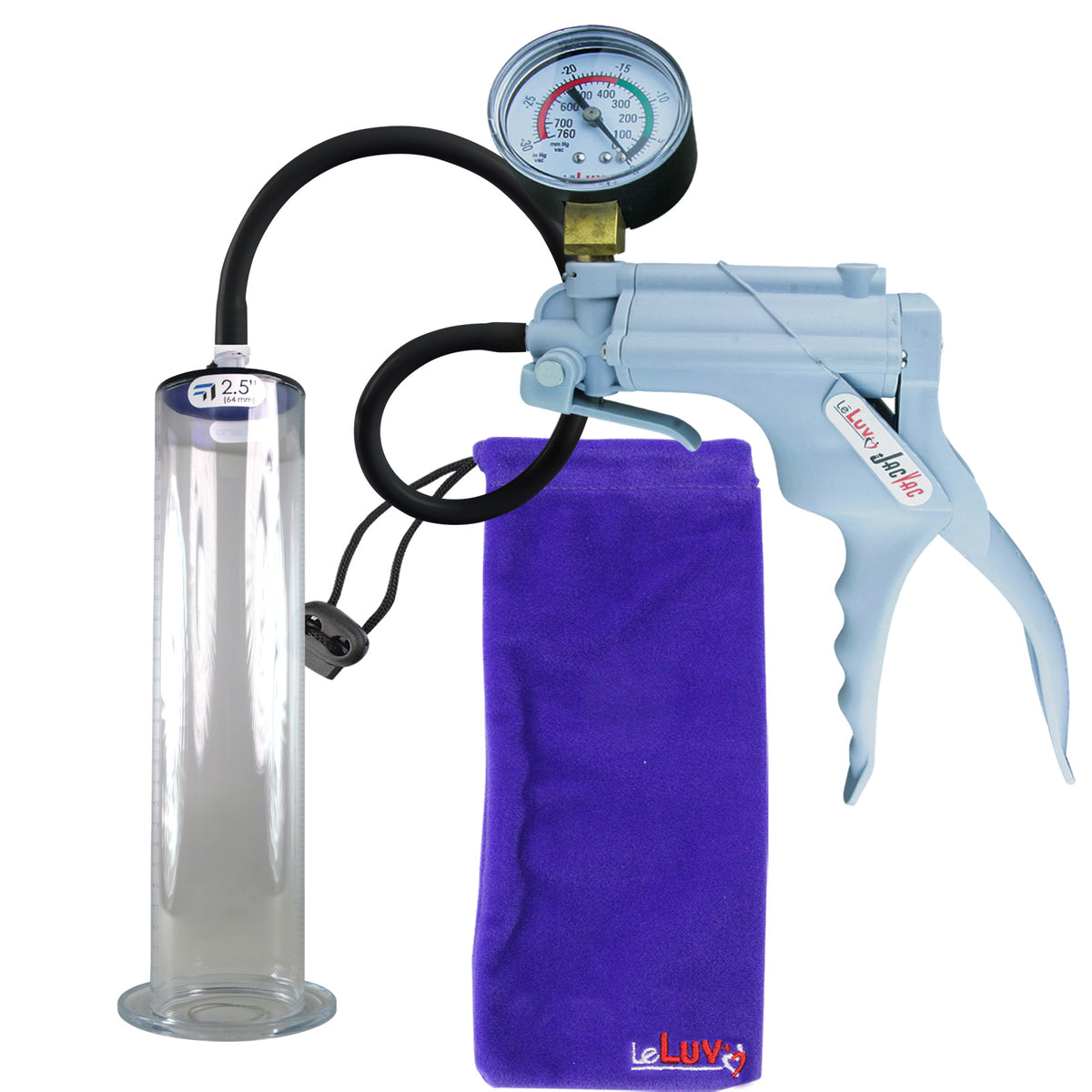 JacVac Penis Pump - Grey Swivel Handle + Gauge, Silicone Hose - 12" x 2.50" Wide Flange Cylinder