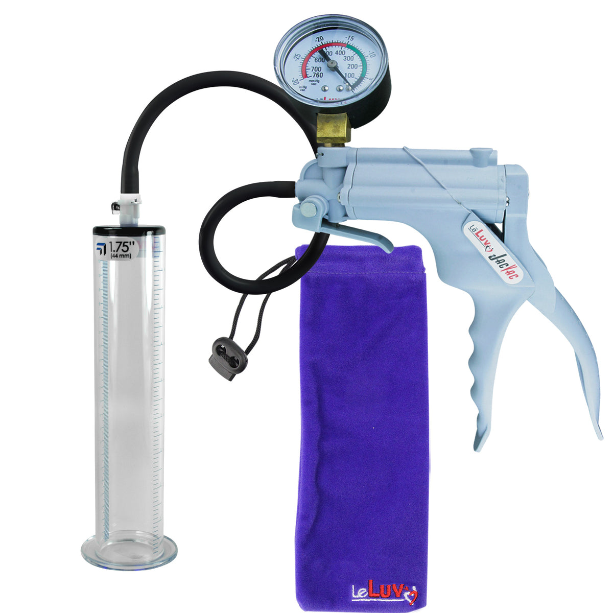 JacVac Penis Pump - Grey Swivel Handle + Gauge, Silicone Hose - 9" x 1.75" Wide Flange Cylinder