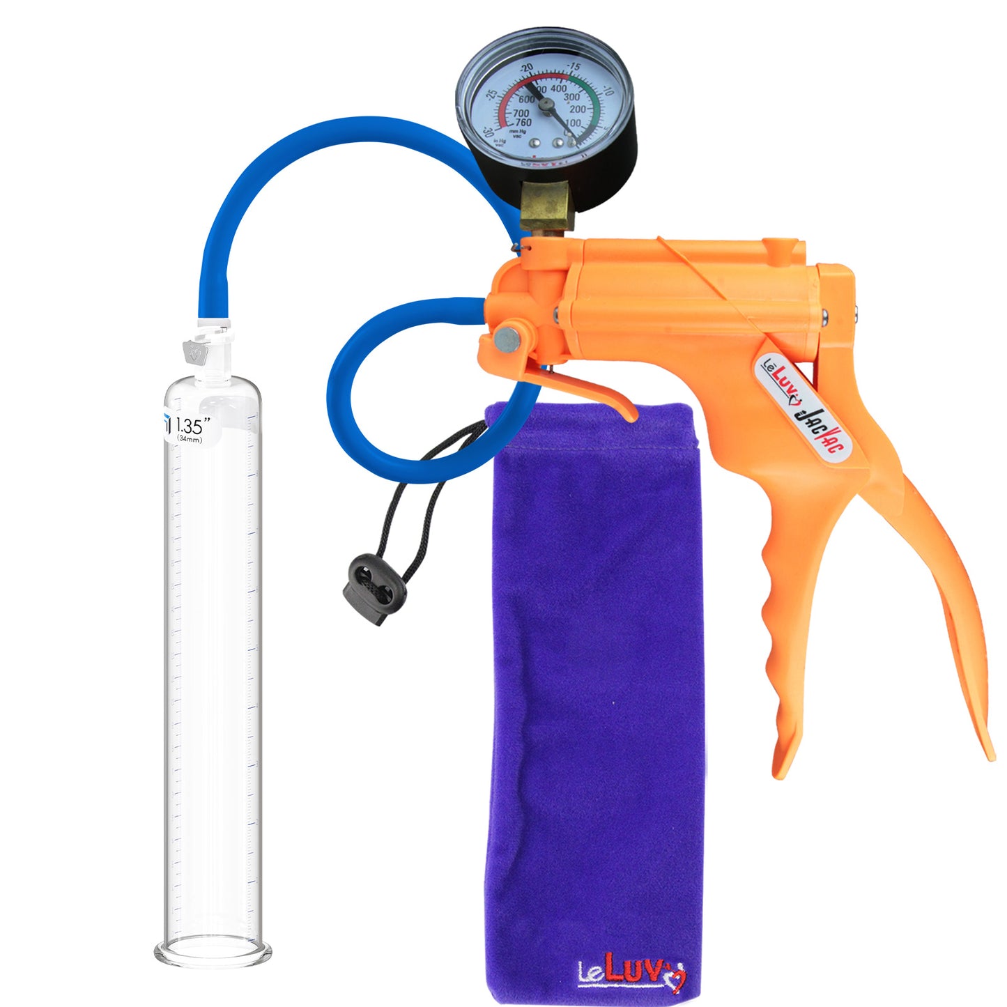 JacVac Penis Pump - Orange Swivel Handle + Gauge, Silicone Hose - 9" x 1.35" Round Flange Cylinder 