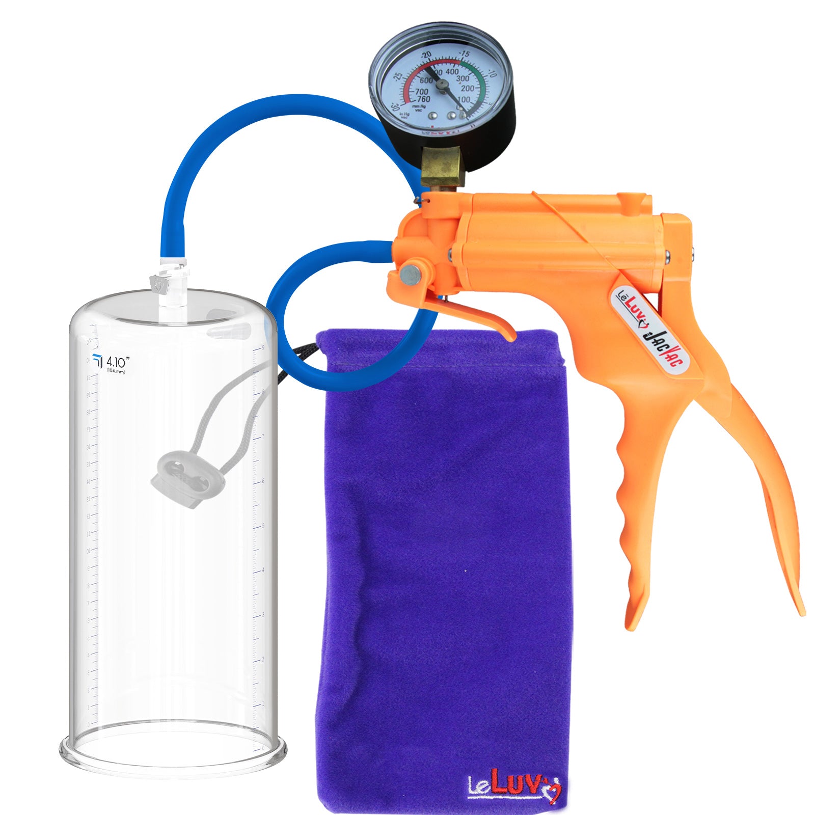JacVac Penis Pump - Orange Swivel Handle + Gauge, Silicone Hose - 9" x 4.10" Round Flange Cylinder 