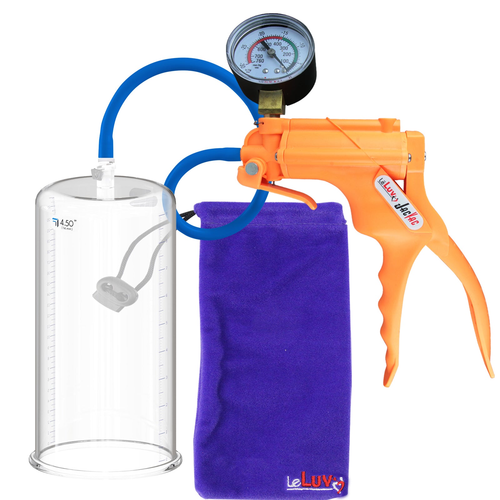 JacVac Penis Pump - Orange Swivel Handle + Gauge, Silicone Hose - 9" x 4.50" Round Flange Cylinder 