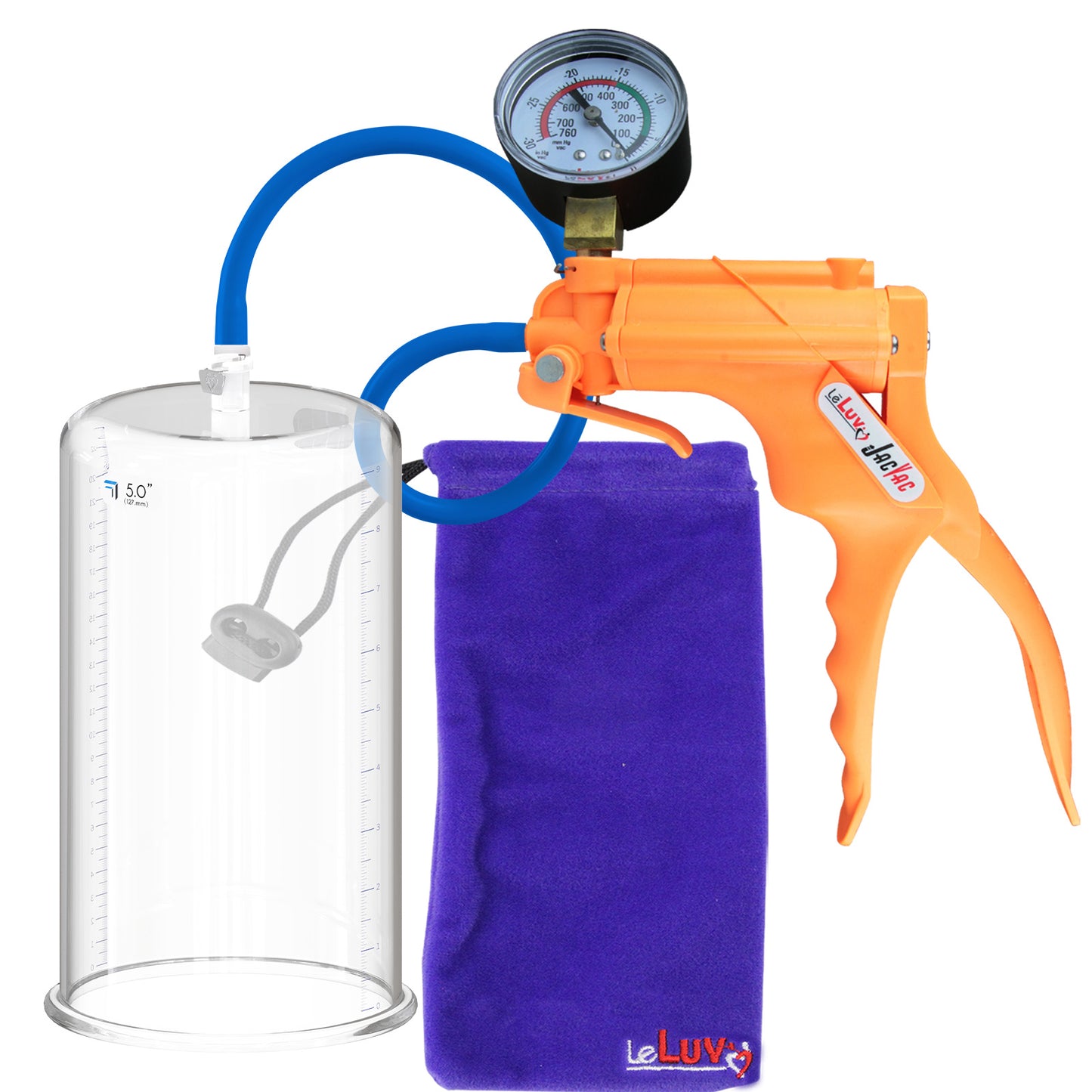 JacVac Penis Pump - Orange Swivel Handle + Gauge, Silicone Hose - 9" x 5.00" Round Flange Cylinder 
