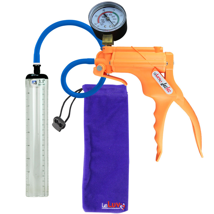 JacVac Penis Pump - Orange Swivel Handle + Gauge, Silicone Hose - 9" x 1.3" Thick-Walled Penis Cylinder