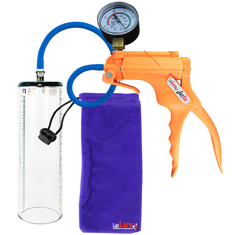 JacVac Penis Pump - Orange Swivel Handle + Gauge, Silicone Hose - 9" x 2.7" Thick-Walled Penis Cylinder