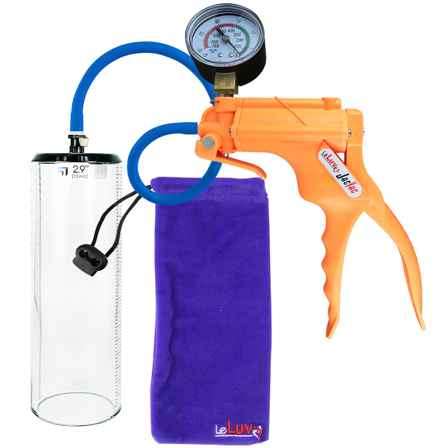JacVac Penis Pump - Orange Swivel Handle + Gauge, Silicone Hose - 9" x 2.9" Thick-Walled Penis Cylinder