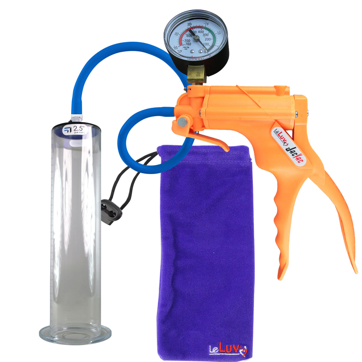 JacVac Penis Pump - Orange Swivel Handle + Gauge, Silicone Hose - 12" x 2.50" Wide Flange Cylinder
