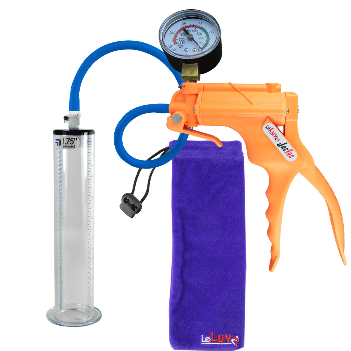 JacVac Penis Pump - Orange Swivel Handle + Gauge, Silicone Hose - 9" x 1.75" Wide Flange Cylinder