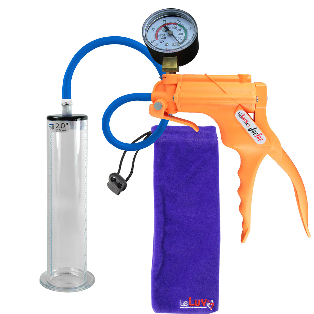 JacVac Penis Pump - Orange Swivel Handle + Gauge, Silicone Hose - 9" x 2.00" Wide Flange Cylinder