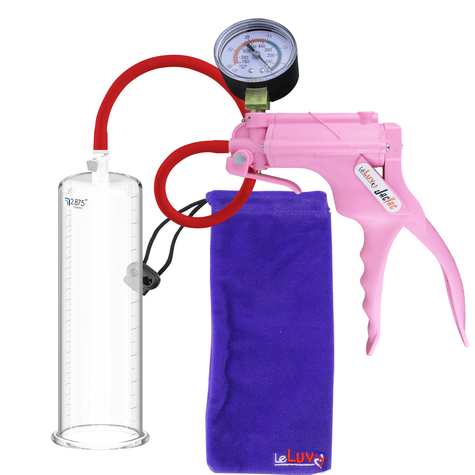JacVac Penis Pump - Pink Swivel Handle + Gauge, Silicone Hose - 9" x 2.875" Round Flange Cylinder 