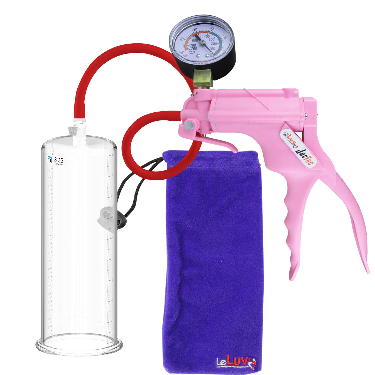 JacVac Penis Pump - Pink Swivel Handle + Gauge, Silicone Hose - 9" x 3.25" Round Flange Cylinder 