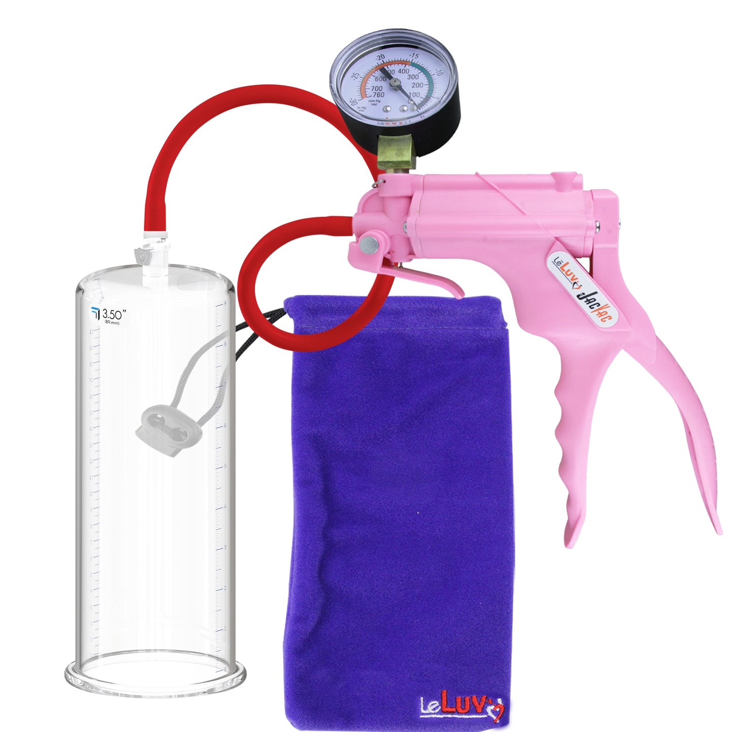JacVac Penis Pump - Pink Swivel Handle + Gauge, Silicone Hose - 9" x 3.50" Round Flange Cylinder 