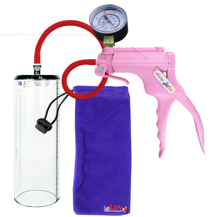 JacVac Penis Pump - Pink Swivel Handle + Gauge, Silicone Hose - 9" x 3.1" Thick-Walled Penis Cylinder
