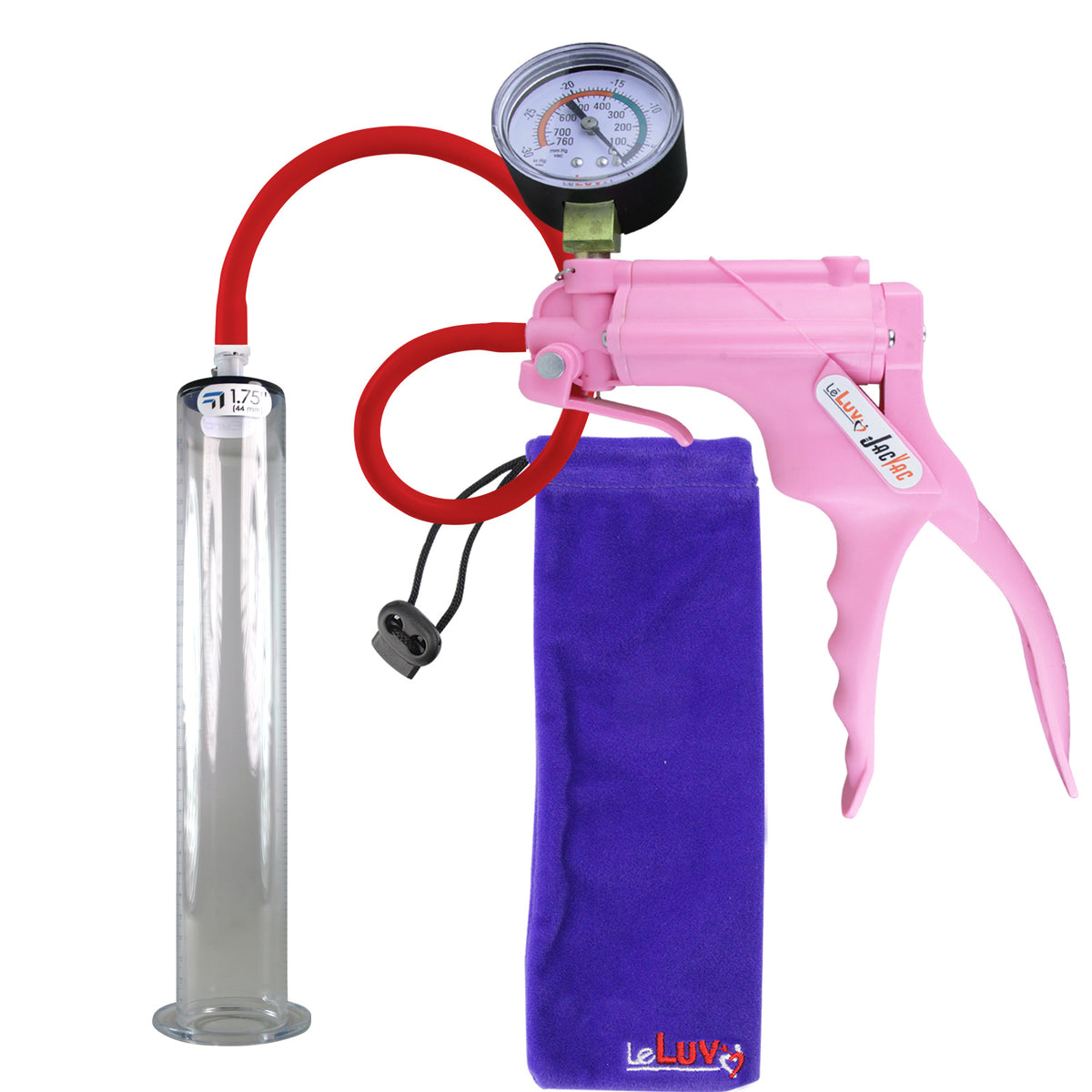 JacVac Penis Pump - Pink Swivel Handle + Gauge, Silicone Hose - 12" x 1.75" Wide Flange Cylinder