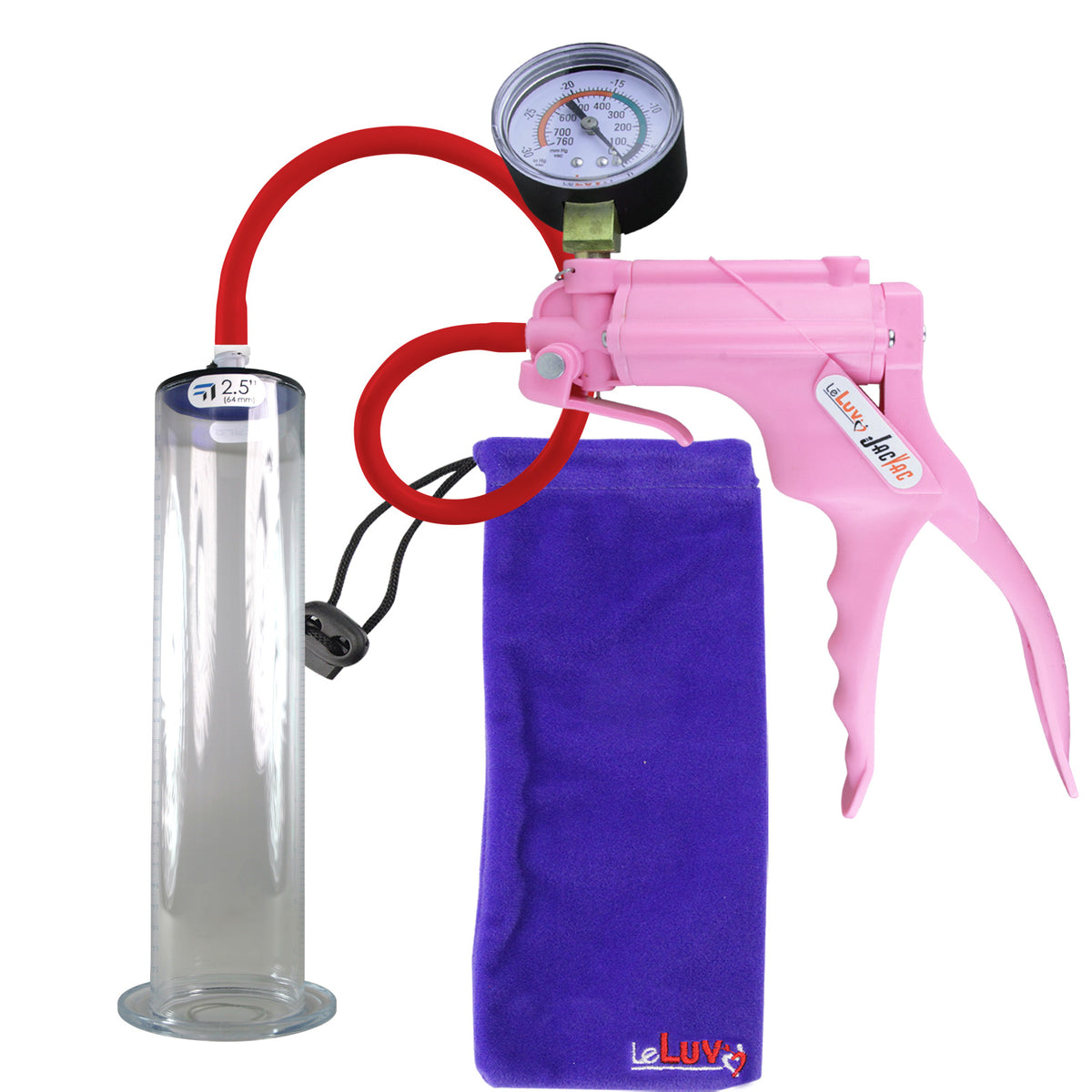 JacVac Penis Pump - Pink Swivel Handle + Gauge, Silicone Hose - 12" x 2.50" Wide Flange Cylinder