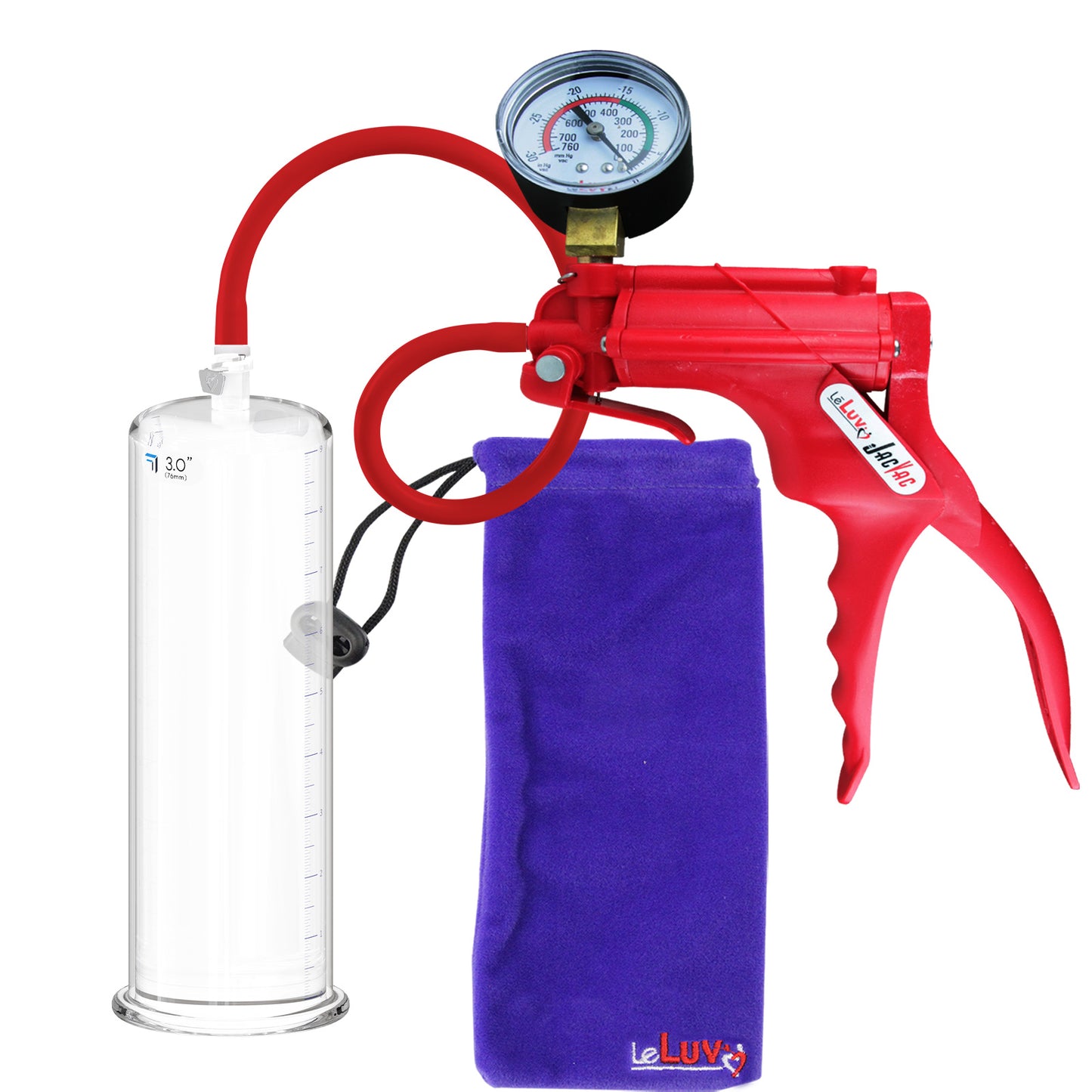 JacVac Penis Pump - Red Swivel Handle + Gauge, Silicone Hose - 9" x 3.00" Round Flange Cylinder 