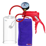 JacVac Penis Pump - Red Swivel Handle + Gauge, Silicone Hose - 9" x 4.50" Round Flange Cylinder 