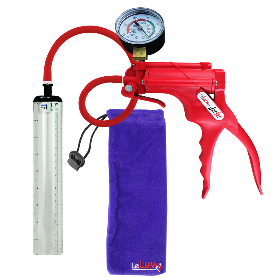 JacVac Penis Pump - Red Swivel Handle + Gauge, Silicone Hose - 9" x 1.3" Thick-Walled Penis Cylinder