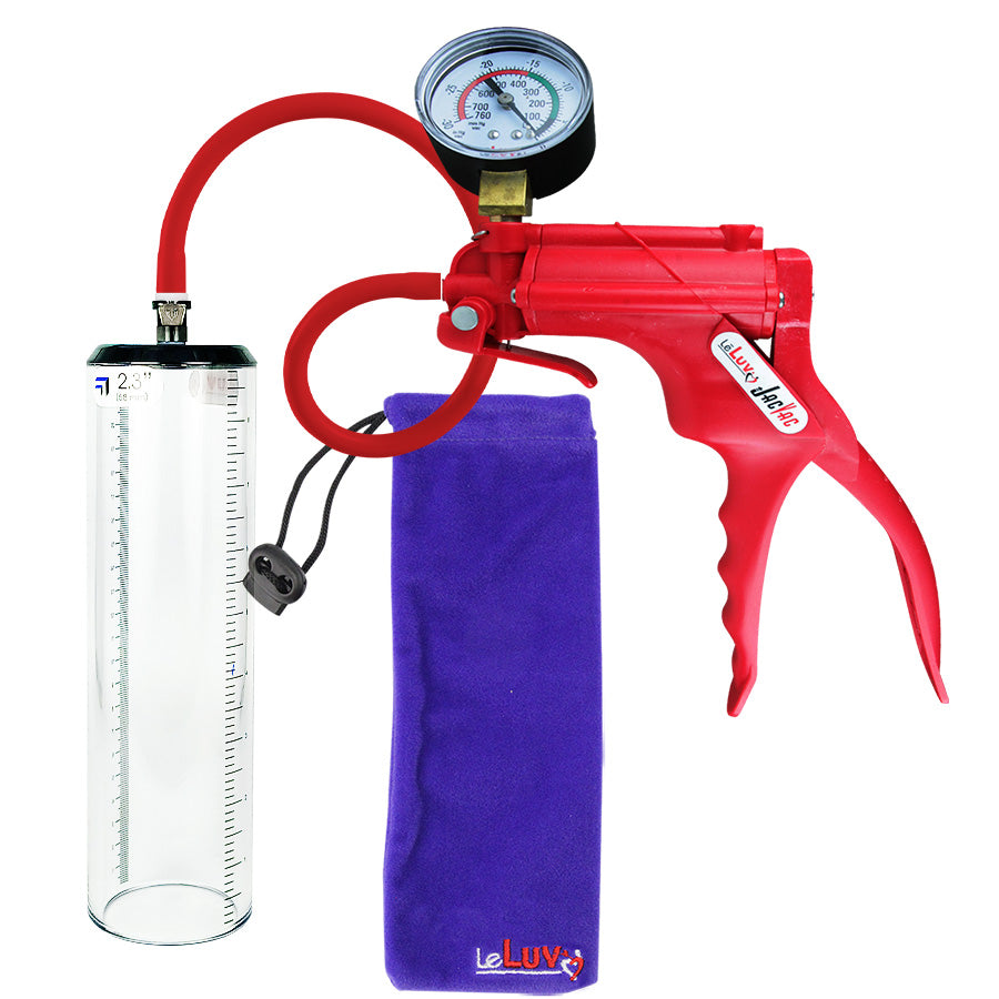 JacVac Penis Pump - Red Swivel Handle + Gauge, Silicone Hose - 9" x 2.3" Thick-Walled Penis Cylinder