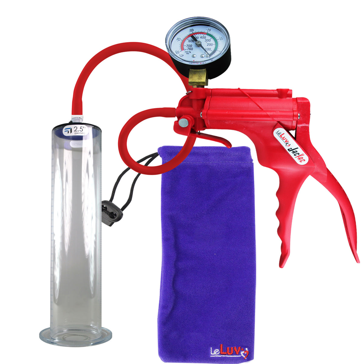 JacVac Penis Pump - Red Swivel Handle + Gauge, Silicone Hose - 12" x 2.50" Wide Flange Cylinder